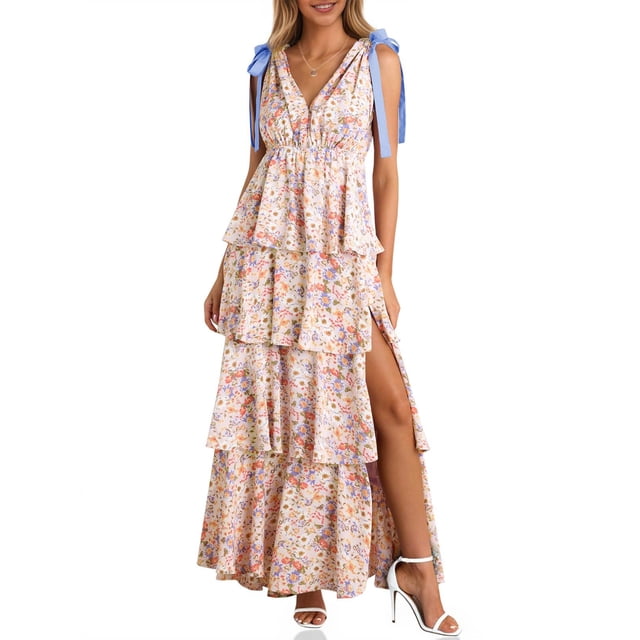Vestido largo floral Wenrine sin mangas con cuello en V y abertura alta