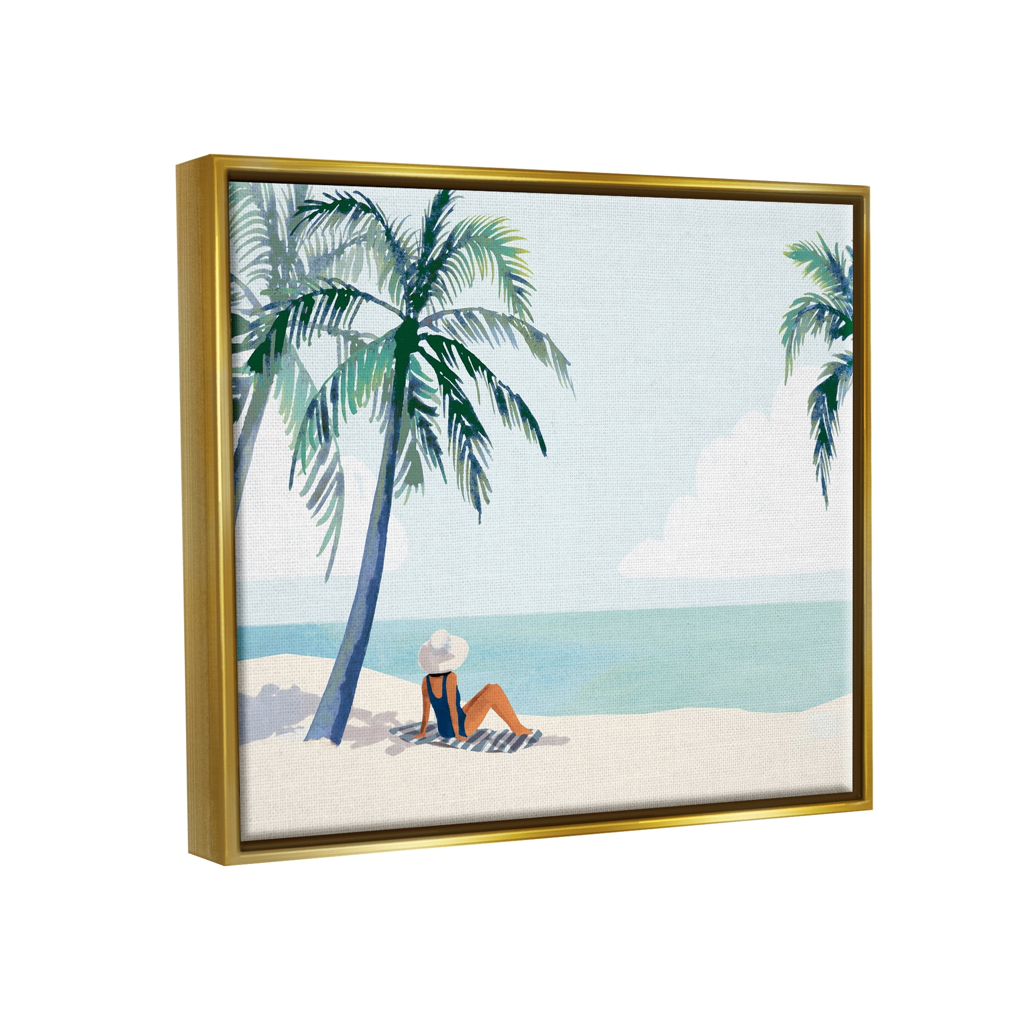 Stupell Industries Girl On Tropical Summer Beach Coastal Painting Gold Floater Framed Art Print Wall Art
