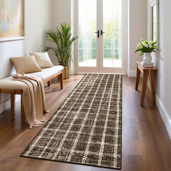 Taupe 2×6ft Geometric Checkered Washable Non-Slip Runner Rug Modern Home Office Kitchen Floor Mat