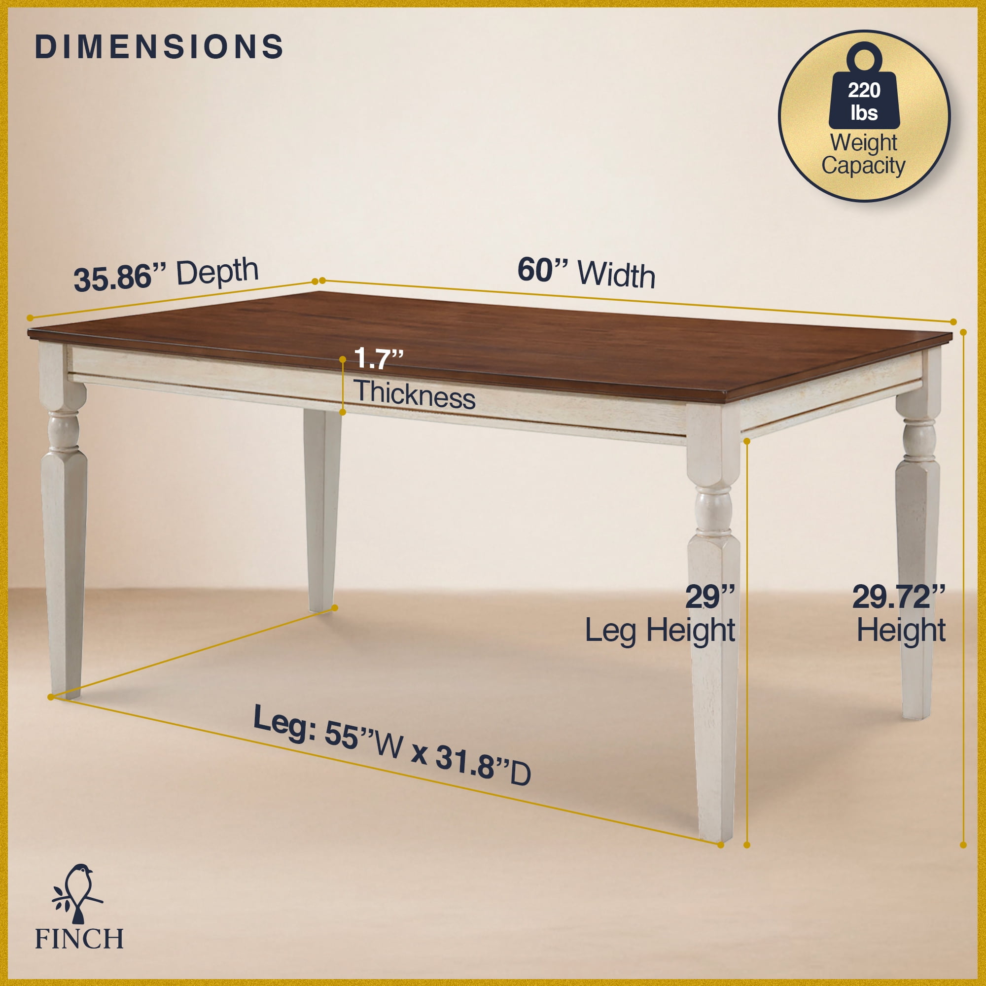 Finch Provence 60" Dining Table with Tools and Hardware, White