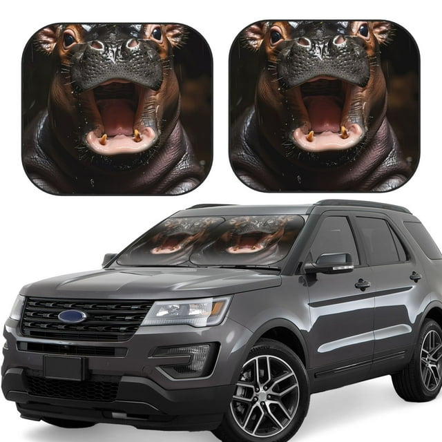 Disketp Playful Baby Hippo Splash Pattern 2 Piece Windshield Sunshades,Folding Windshield Sun Shade for Car SUV Trucks Sedan,Blocks UV Rays Sun Visor Protector-Small