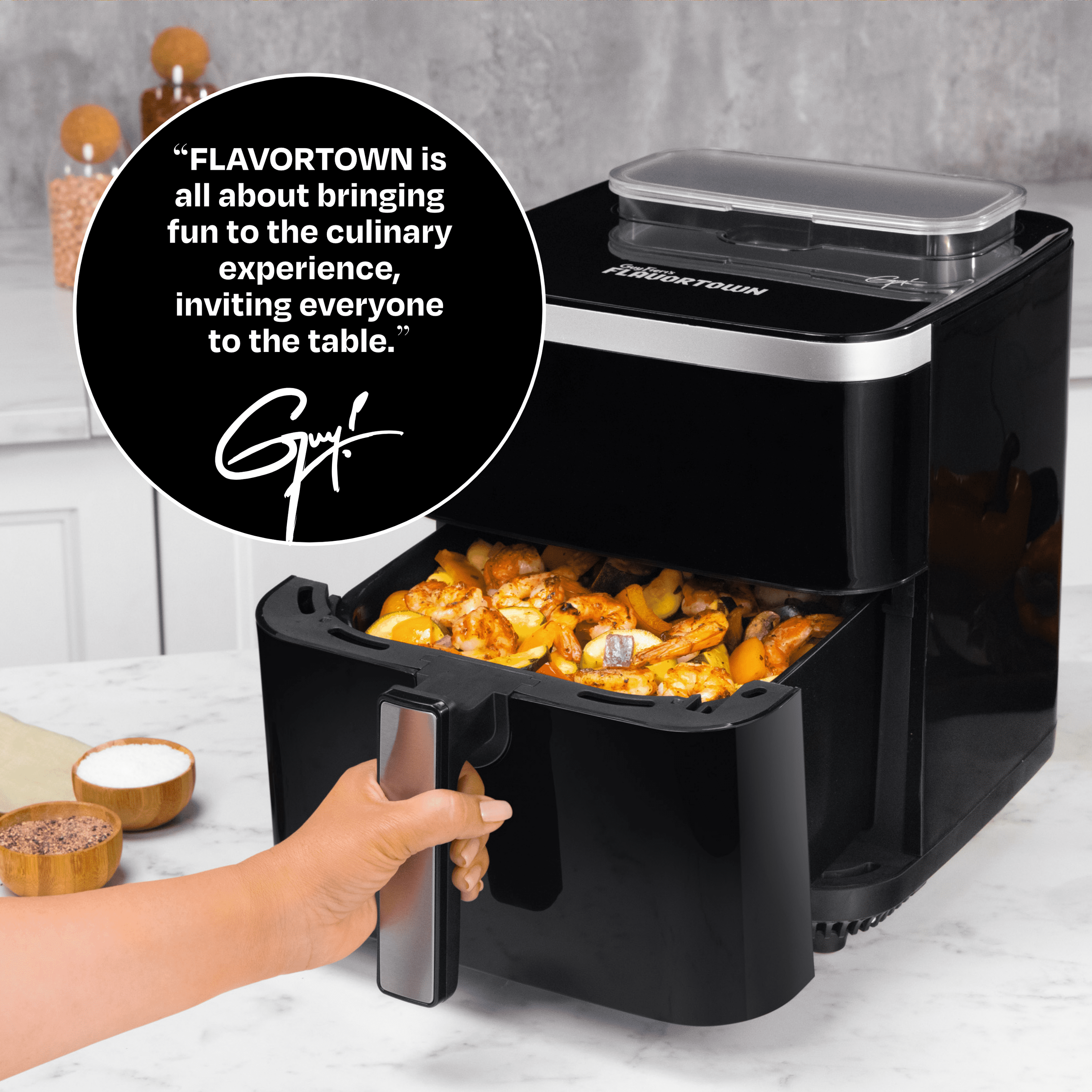 Guy Fieri's Flavortown 6.5 Quart Steam Air Fryer with Moisture Lock Technology –  Programmable Steamer and Air Fryer Combination, Temperature Control, 10-Presets, 1700 Watts