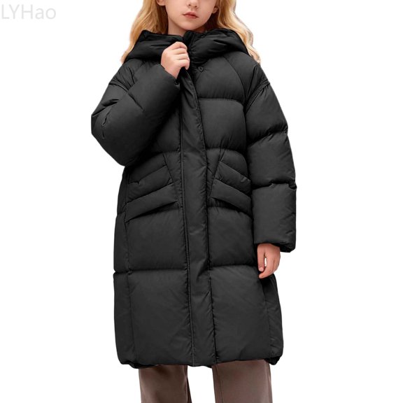 LYHao Winter Warm Thickened Hooded Long Coats For Girls Insulated Outerwear With Soft Pockets For Cold Weather Girls Jacket Coat,Sizes 6-7 Years