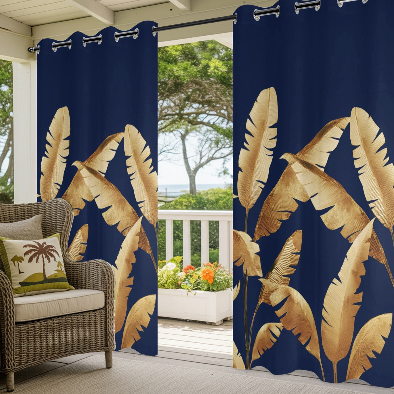 Golden Leaves Outdoor Curtains for Patio, Summer Night Sky Tropical Plants Sunshade Privacy Drapes Grommet Waterproof Outside Curtains for Porch/Cabana/Balcony 54"x 108", 1 Panel