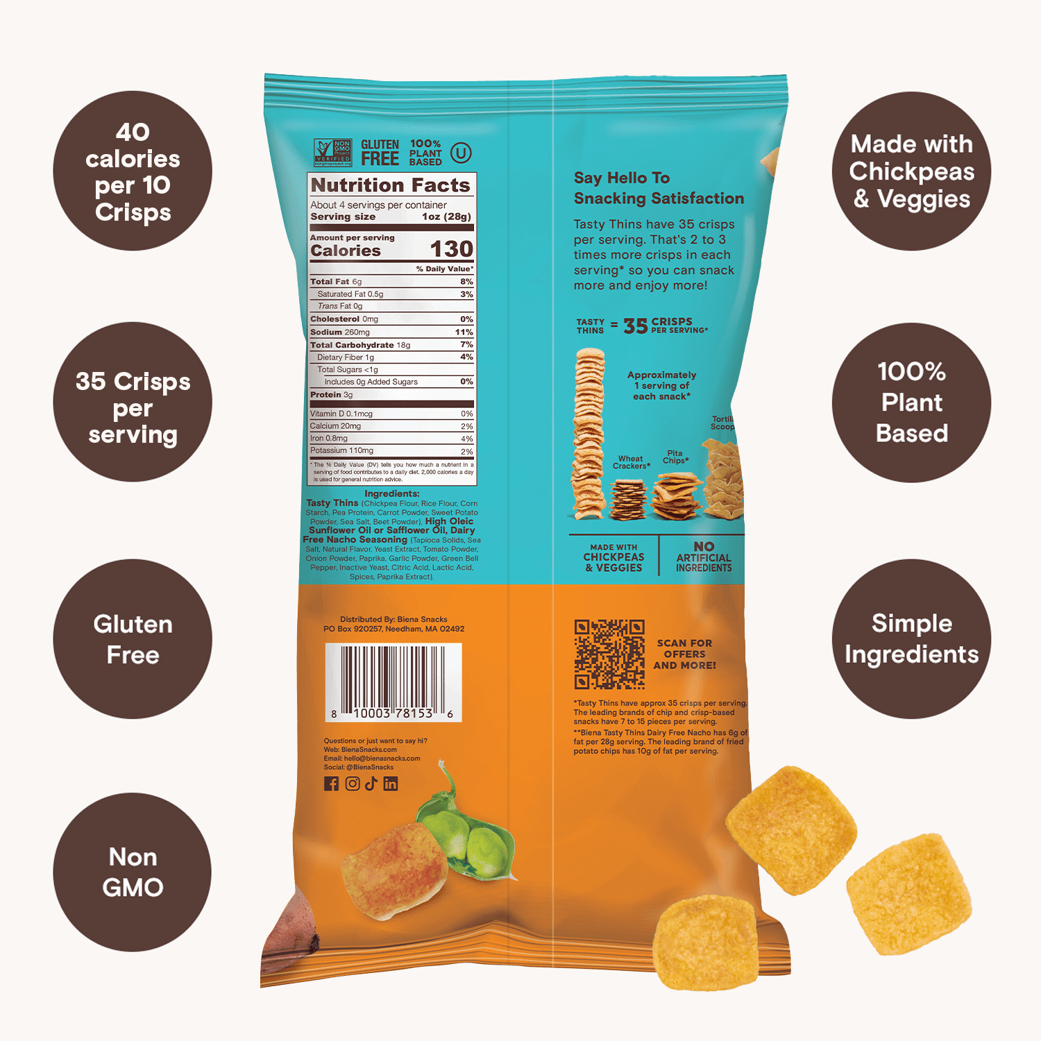 (2 pack) Biena Tasty Thins Nacho Flavored Veggie Crisps, 4 oz
