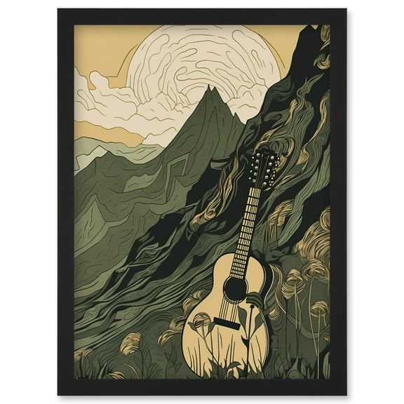 Guitar on Mountain Landscape Morning at Campsite Artwork Framed Wall Art Print A4