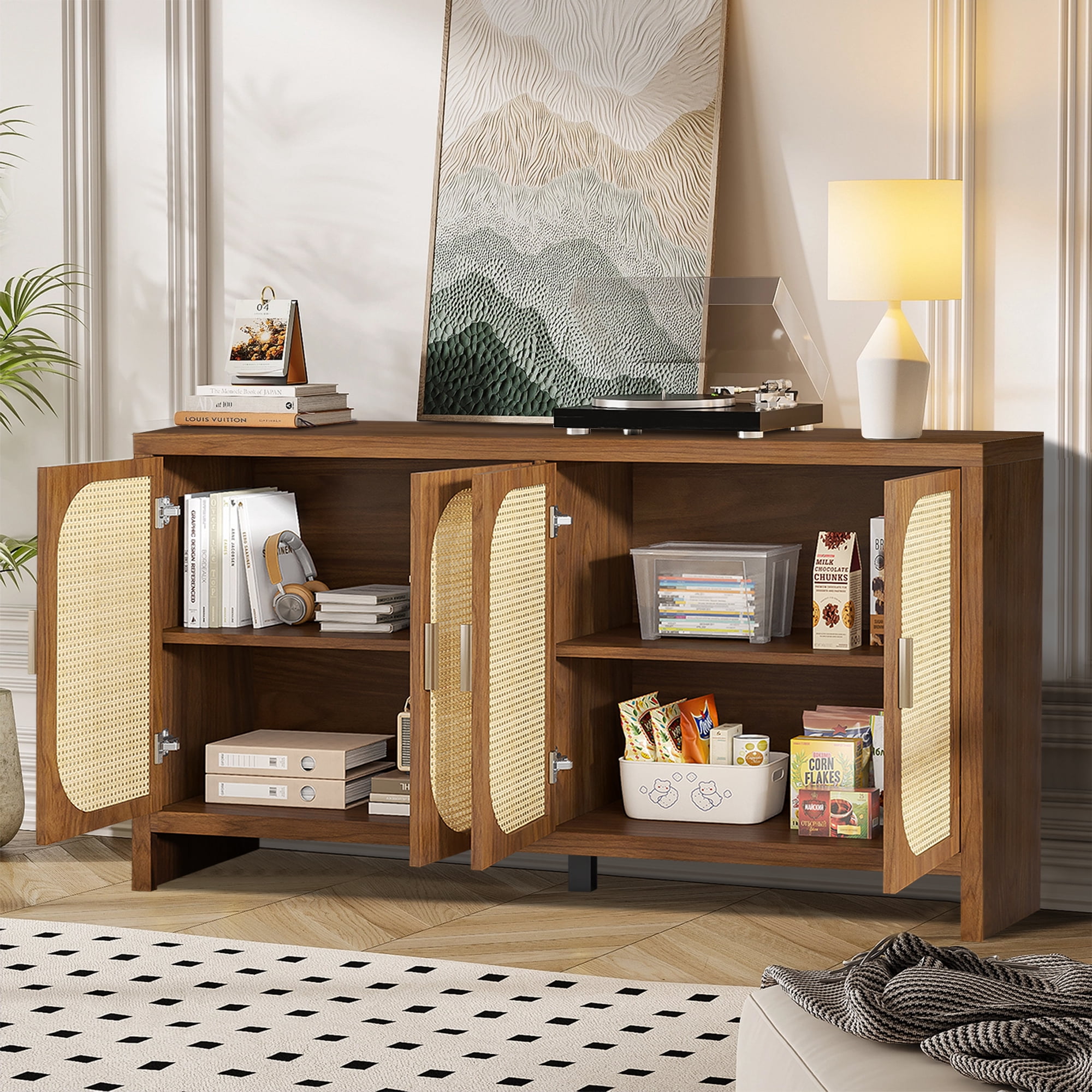 Sideboard Cabinet with 4doors, Buffet Cabinet, Rattan Cabinets with Storage, for Kitchen Living Room, Walnut