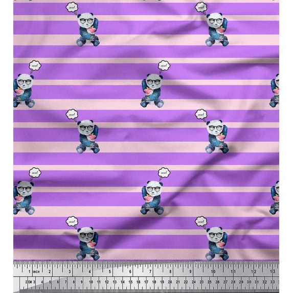 Soimoi Purple Silk Fabric Panda & Stripe Print Fabric by Yard 42 Inch Wide