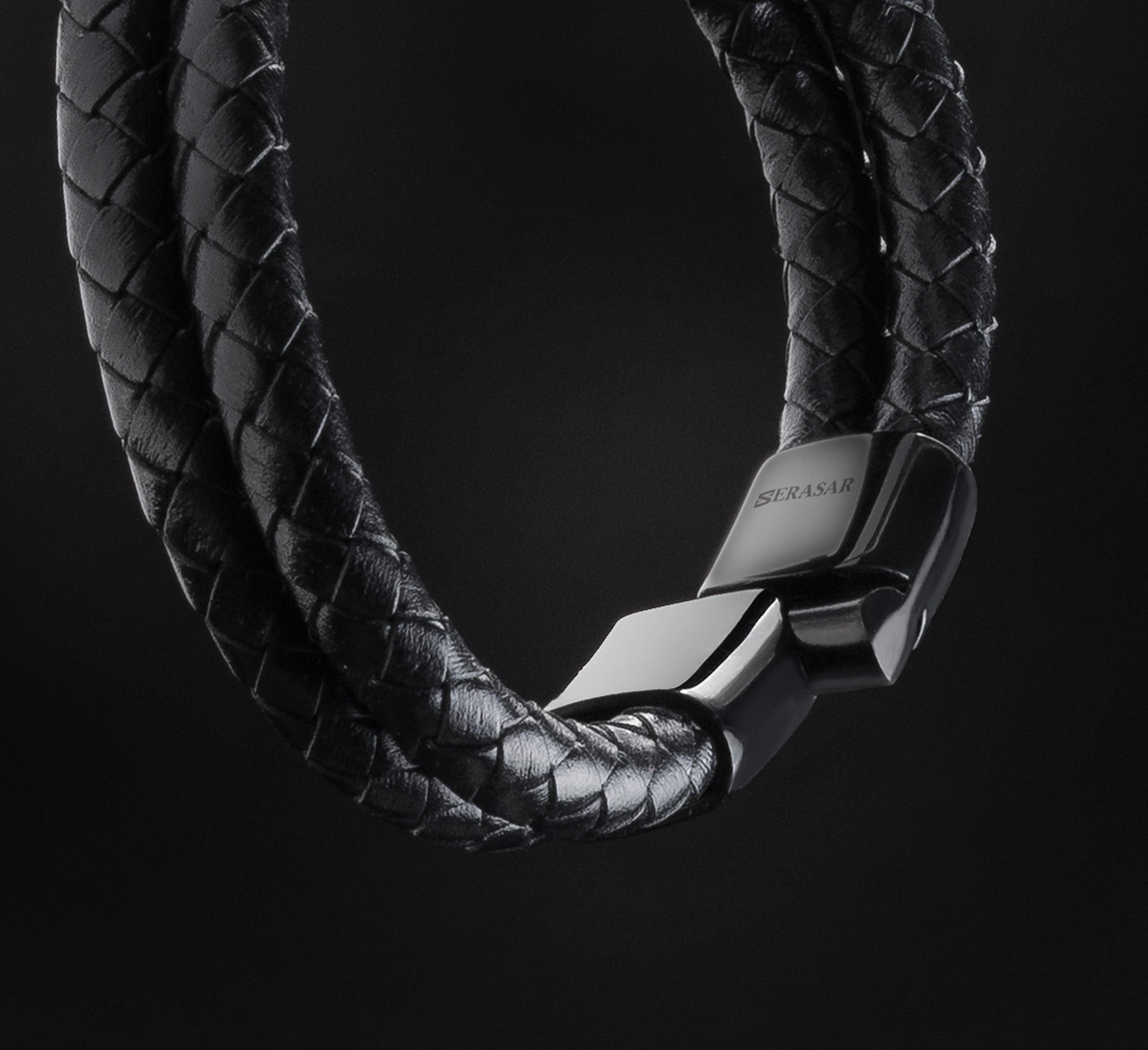 SERASAR Leather Bracelet for Men "Double" with stainless steel magnetic closure, Black 17cm, including gift box