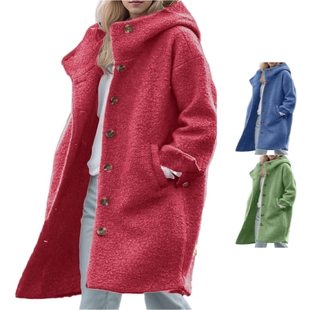 Jane Wardrobe Women s Coats Vibrant Color Hooded Button-Front Mid-Long Fuzzy Polyester Overcoat Stylish Jackets & Vests Fashion-Forward Fall Winter Outerwear 1 Piece S-XXL Plus Size Friendly