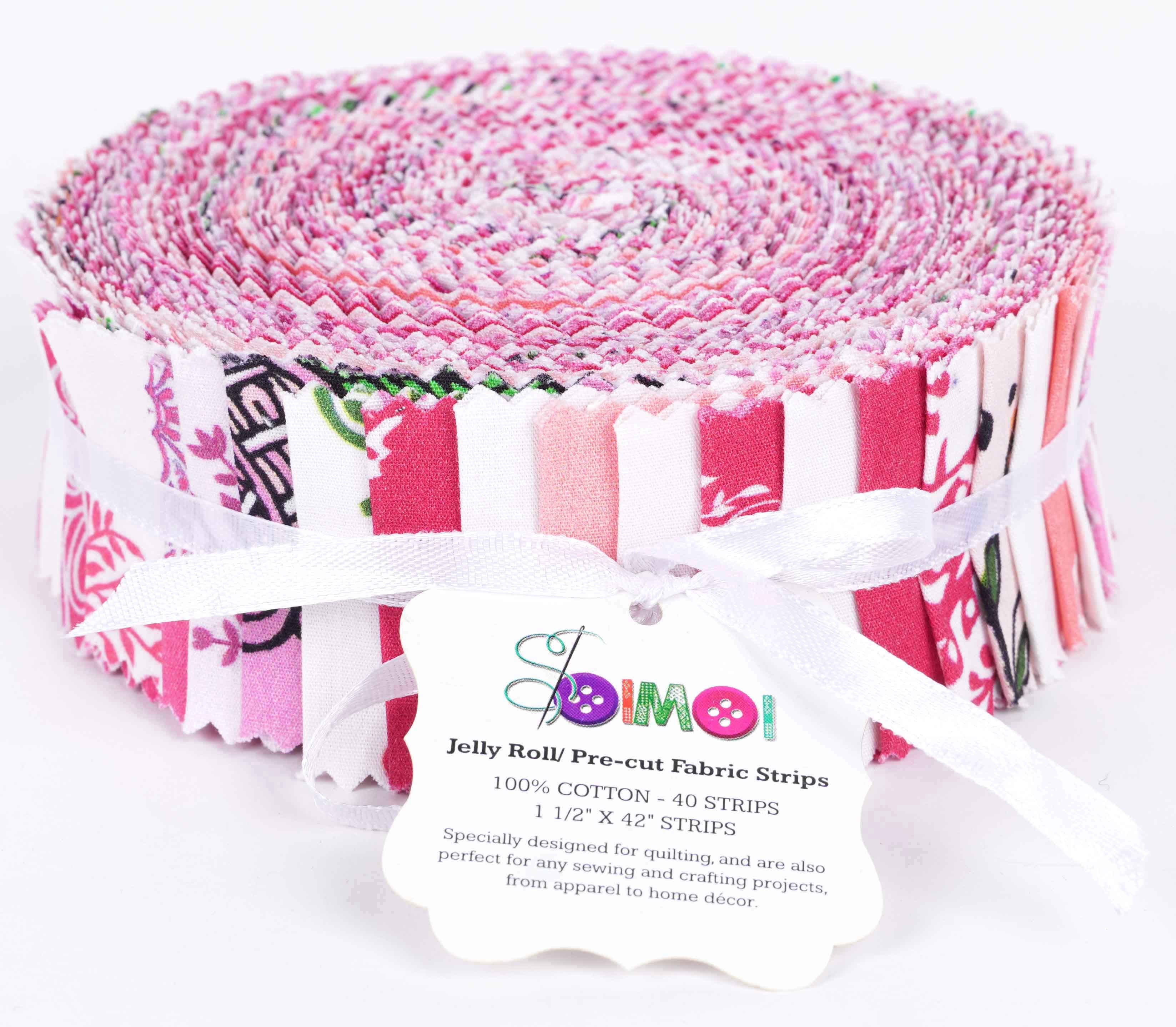 Soimoi 40Pcs Block Print Precut Fabrics Strips Roll Up 1.5x42inches Cotton Jelly Rolls For Quilting - Rose Pink