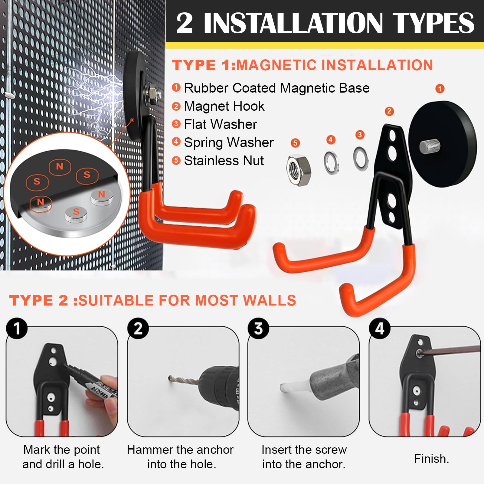 RULLINE  4 Pack Heavy Duty Magnetic Hooks - Strong 2-in-1 Dual Hook Design, No Drill Installation with Thick Rubber Coating for Garage, Workshop & Kitchen Tools, Indoor/Outdoor Storage (Orange)