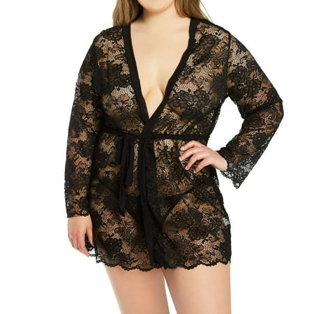 

Women s Shirley of Hollywood X31106 Plus Size Stretch Lace Robe With G-String (Black 1X-2X)