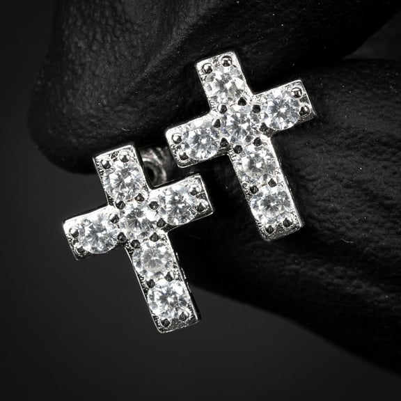 White Gold 925 Sterling Silver Small Mens Women's Prong Set Iced 5A Cz Hypoallergenic Ice Out Hip Hop Cubic Zirconia Cross Screw Back Stud Earrings