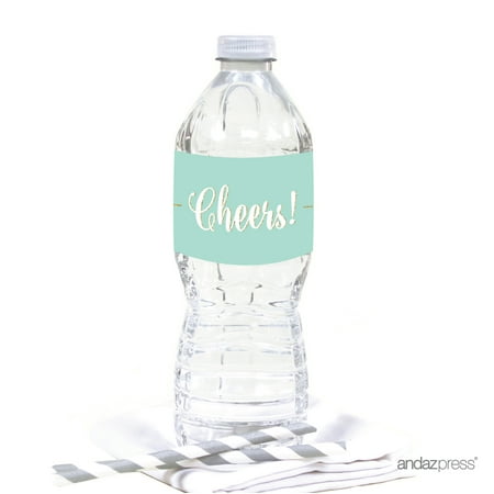 - Signature Light Aqua, White, Gold Glittering Party, Water Bottle Labels Stickers, Cheers! 20-Pack
