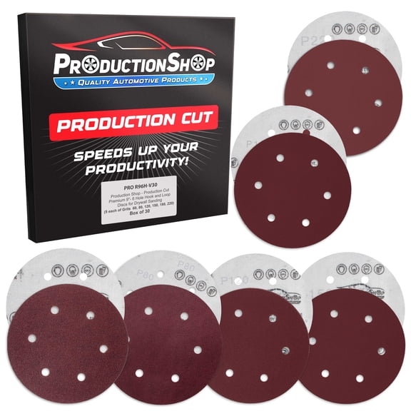 ProductionShop Premium 9" Red 6-Hole Pattern Sanding Discs, 30 Disc Variety Pack, Grits 60, 80, 120, 150, 180, 220 - Dustless Hook & Loop Backing Sandpaper for Drywall Power Sander, Woodworking Paint