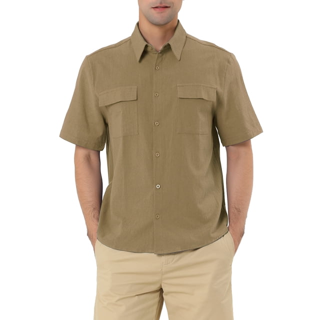INSPIRE CHIC Men's Shirts Solid Color Short Sleeve Point Collar Shirt with Pockets S Khaki