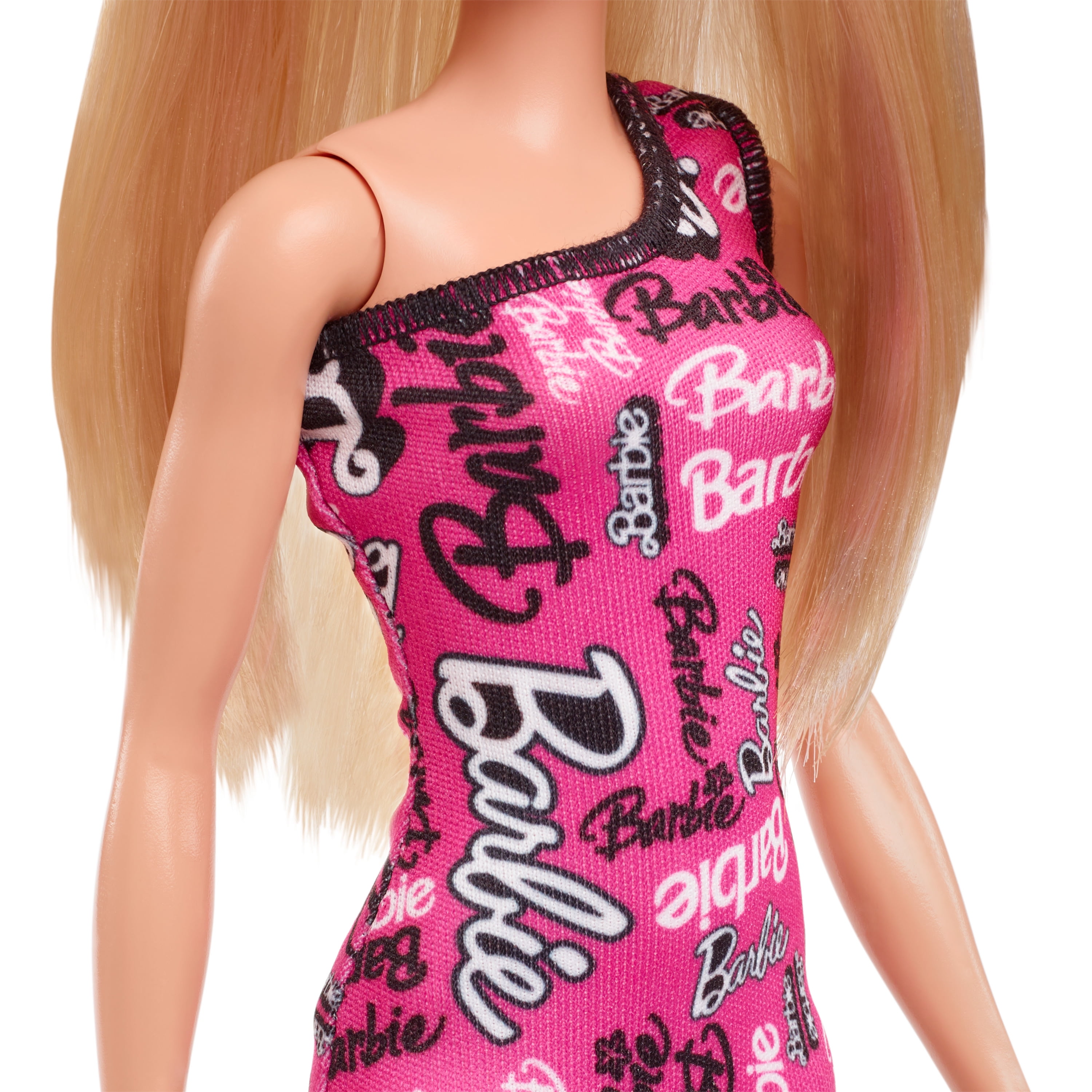 Barbie Poupée mode avec cheveux blonds lissés, robe rose, chaussures