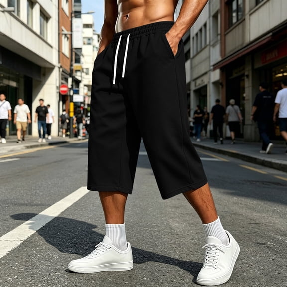 LEKWK Capri Sweatpants for Men Wide Leg Elastic Waist Casual Track Pants Lightweight Loose Fit Drawstring Wide Leg Capris Athletic Gym Lounge Outfits