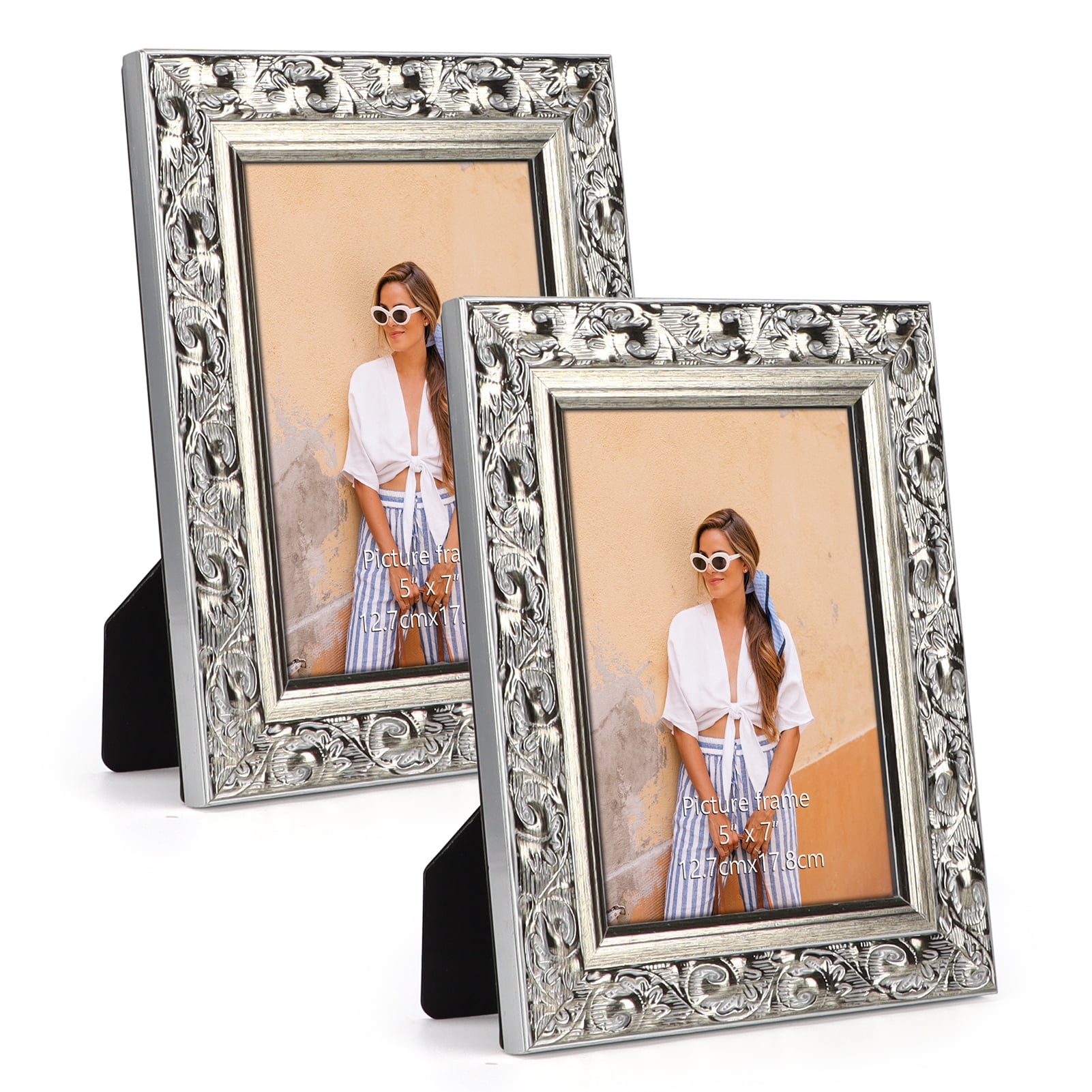 5x7 Picture frames Set of 2, Vintage Silver Photo Frame With Carved