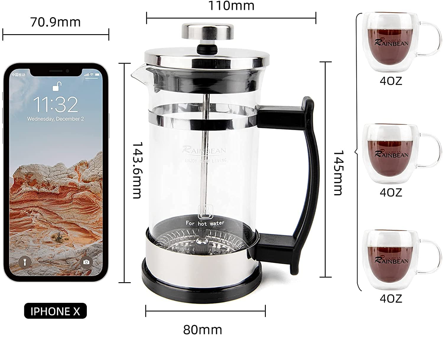 Rainbean Mini French Press for 12oz Small French Press Coffee Maker with 4 Level Filtration System Borosilicate Glass Durable Stainless Steel Thickene