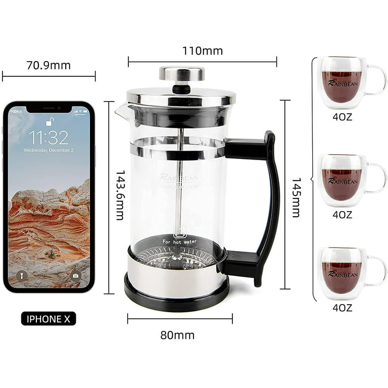 Rainbean Mini French Press Coffee Maker 12 oz , Small French Press 350 ml,  Camping Coffee Press, Heat Cold Coffee Brewer with Spoon and Brush (Luxury  Style), Stainless Steel and Borosilicate Glass 