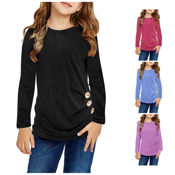 HCYSFG Girls Solid Color Tunic Top Crewneck Long Sleeve Side Button Ruched Hem Relaxed Fit Casual T Shirts Everyday Blouses