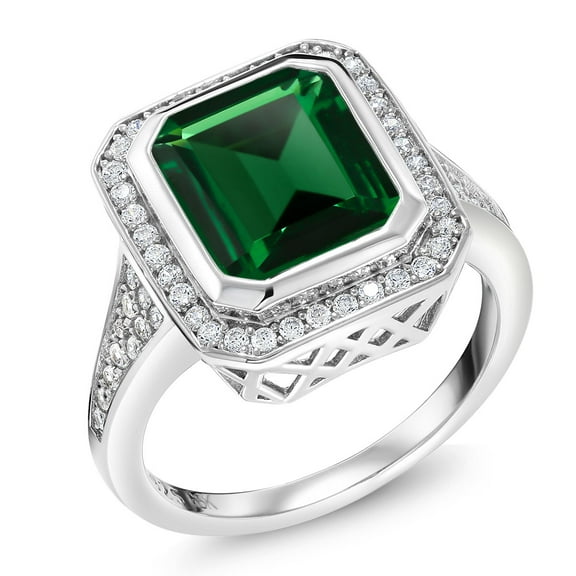 Gem Stone King 5.00 Cttw Green Nano Emerald Ring | 925 Sterling Silver | Emerald Cut 11X9MM | Wedding Engagement Anniversary Promise Ring for Women | Size 5