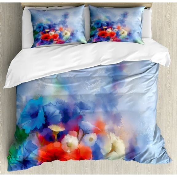 Flower Duvet Cover Set, Paint of Nature Elements Botanic Floral Motives Artisan Depition of Natural Life, Decorative 2 Piece Bedding Set with 1 Pillow Shams, Twin Size, Red Blue, by Ambesonne