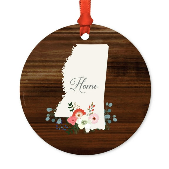 US State Round Metal Christmas Ornament, Rustic Wood with Florals Home, Mississippi, Includes Ribbon and Gift Bag