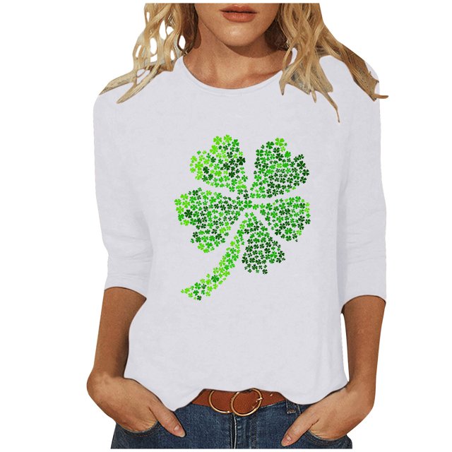 Staron Vente de Liquidation T-Shirts de la Saint-Patrick pour Femmes Manches 3/4 T-Shirts Trèfle Irlandais Col Rond T-Shirts Graphiques Tunique Cœur Mignon Imprimé Floral Vert Hauts