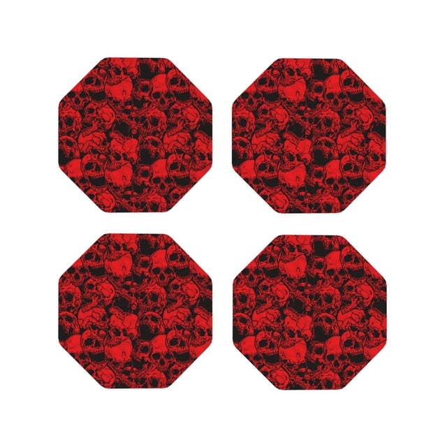 Vsdgher Crânes Rouges 3 sous-Verres en Cuir pour Boissons, sous-Verres Durables 4 Ensembles pour Protection de Table, Décoration Intérieure Luxueuse et Cadeau de Pendaison de Crémaillère-Octogone