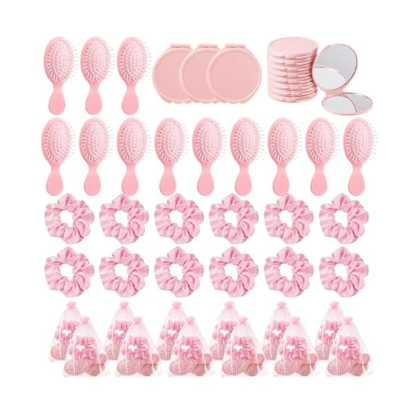 wonima44 48 Pcs Pink Party Favors, Pink Makeup Party Supplies, Including Hair Brushes, Elastic Scrunchies, Pocket Cosmetic Mirrors, and Organza Bags, Makeup Brush Accessories (48PCS)