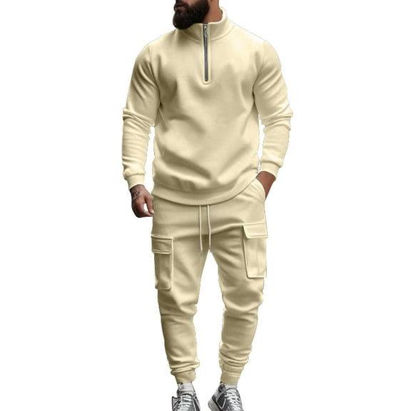 CharmCyan Men’s Long Sleeve Half Zip Pullover Sweatshirt and Cargo Jogger Pants Set Athletic Fit Casual Two Piece Outfit Tracksuit Beige L