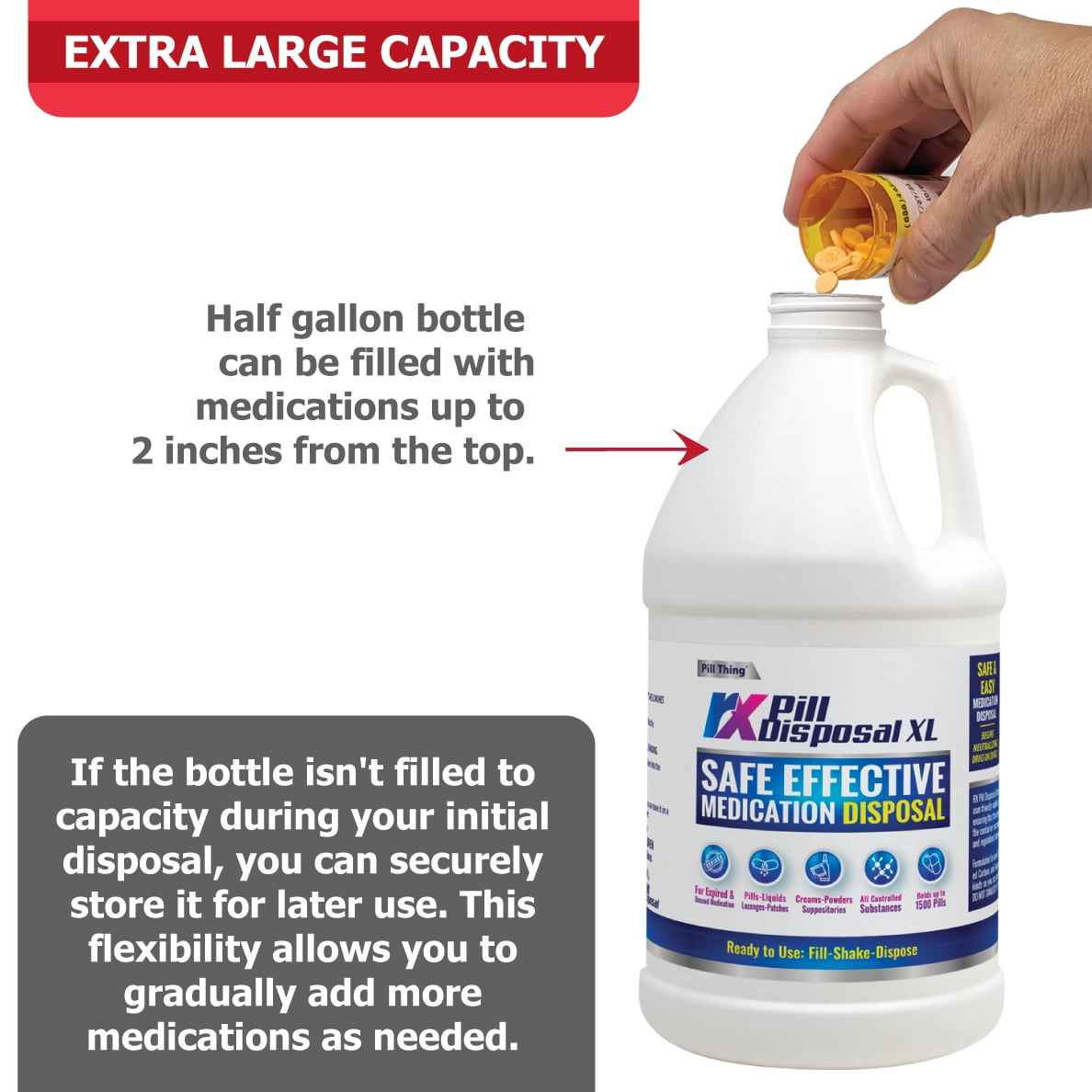 RX Pill Disposal XL, Safe Effective Solution, Destroy and Deactivate Prescription Medication Drug Medicines, XLarge 64oz Capacity