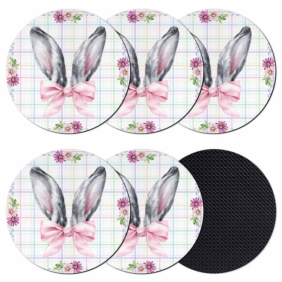 Easter Coasters Set of 6, Absorbent Coasters for Drinks, Cute Rabbits Ears Bow Daisy Flower Watercolor Plaid Coaster for Desk Coffee Table Protection, Home Decor House Warming Gifts 4"