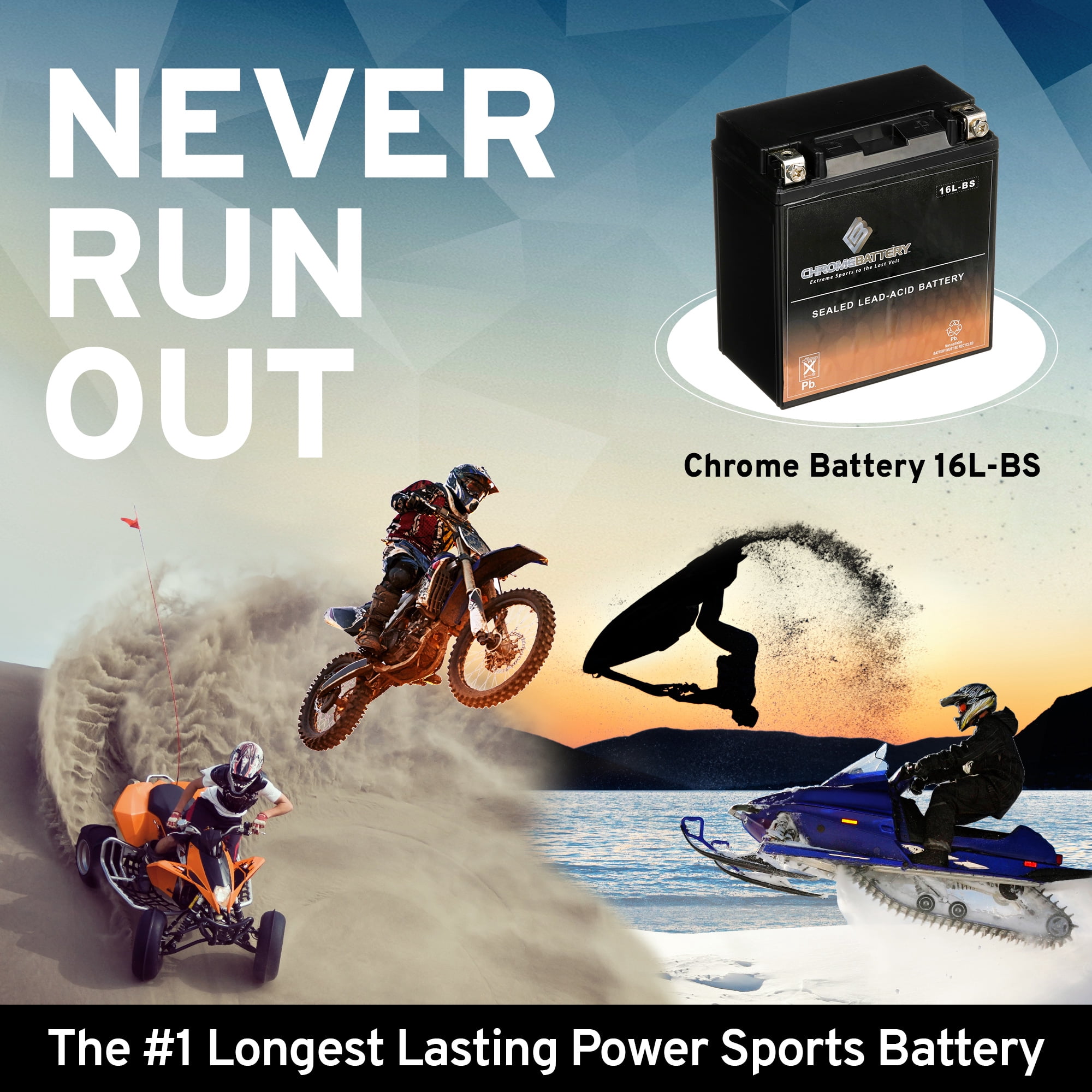 Chrome Battery Ytx16l-bs (16l-bs 12 Volts,14 Ah, 230 Cca) High Performance - Maintenance Free - Sealed AGM Motorcycle Battery