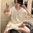 thumbnail image 5 of Conjunto de pijama de verano para mujer, ropa de casa cómoda, suave, suelta, con estampado de letras, Top con botones y pantalones cortos, 2 piezas, Multicolor, 5 of 5