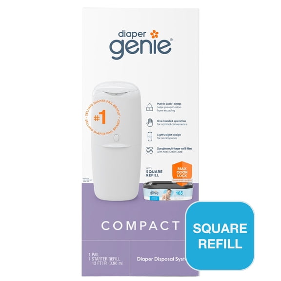 Diaper Genie Compact Pail, 1 Diaper Pail, 1 Square Refill, 165 Count, Infant, White