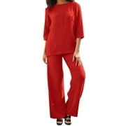 Pant Suits for Women Women Fashion Two Piece Sets Summer Solid Blouse Suit Loose Wide Leg Pants Sets Elegant OL Outfits Tracksuits Womens Pant Suits Dressy(Color:Red,Size:M)