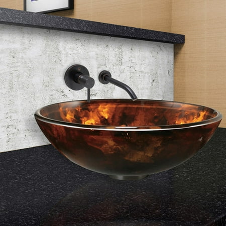 - VIGO Brown and Gold Fusion Glass Vessel Sink and Olus Wall Mount Faucet Set, Antique Rubbed Bronze