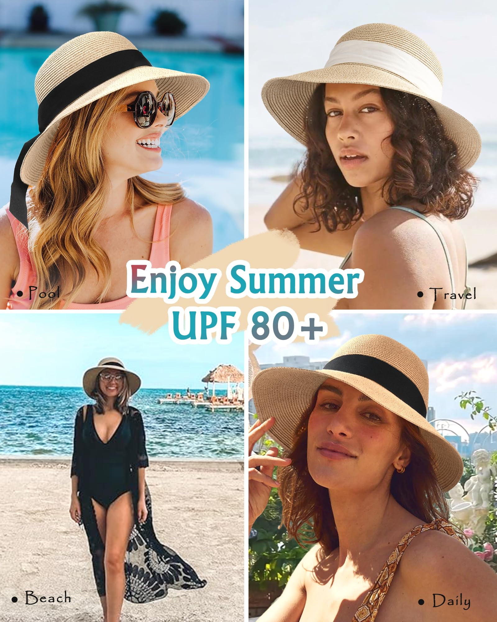 Womens Beach Sun Straw Hat UV UPF 80+ Travel Foldable Brim 