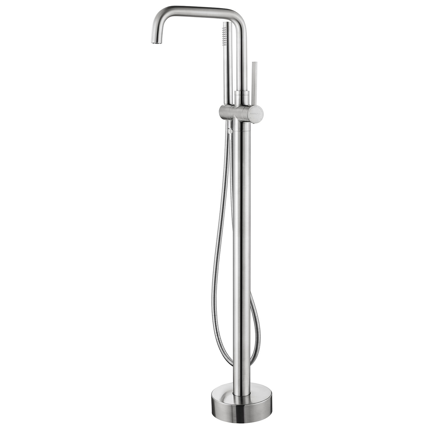 Vinnova Delara Freestanding Bathroom Chrome Tub Faucet with Hand Shower in Satin Nickel