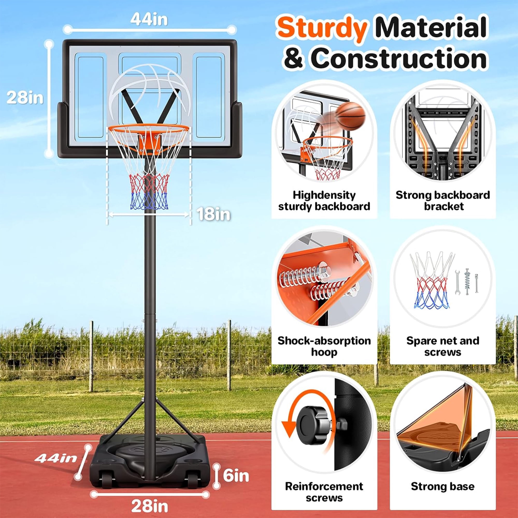 Toremore 44" Basketball Hoop Outdoor 4.43-10ft Adjustable, Portable Basketball Hoop Goal System with Shatterproof Backboard and Larger Base for Kids Youth and Adults
