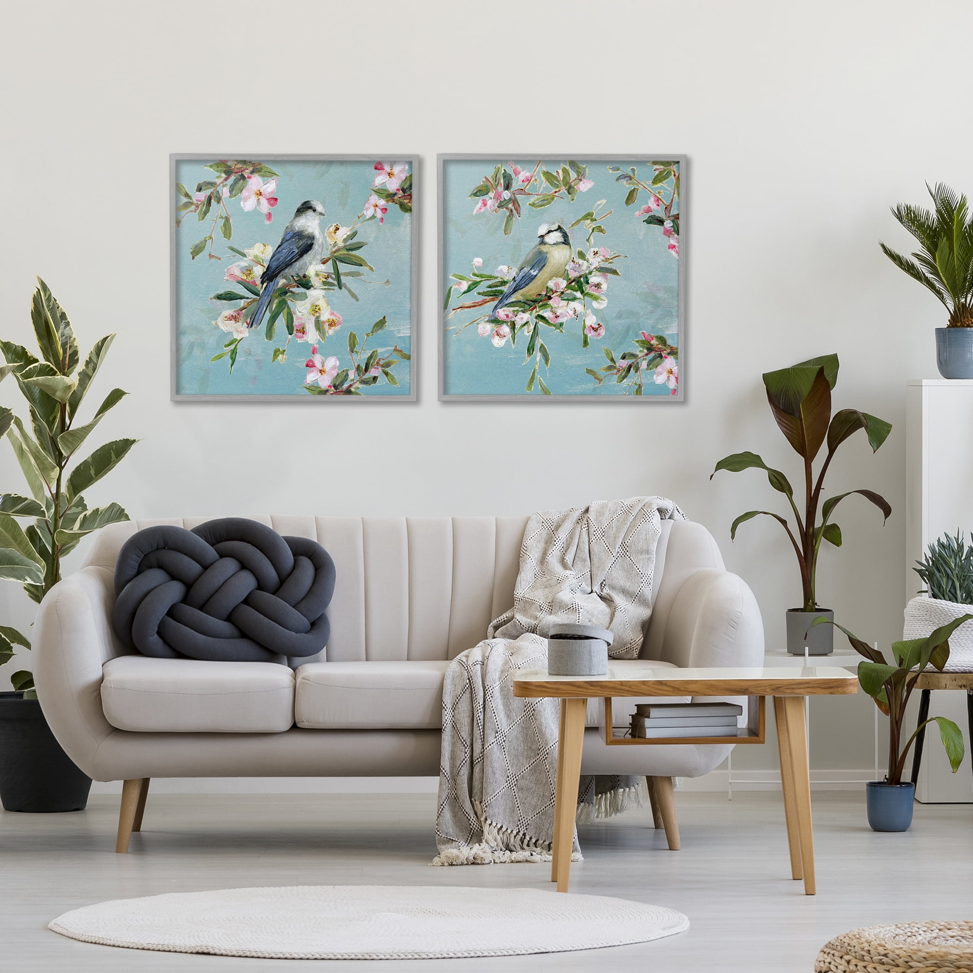 Stupell Industries Songbirds Among Spring Blossoms 2 Piece Gray Framed Giclee Art Set, design by Sally Swatland