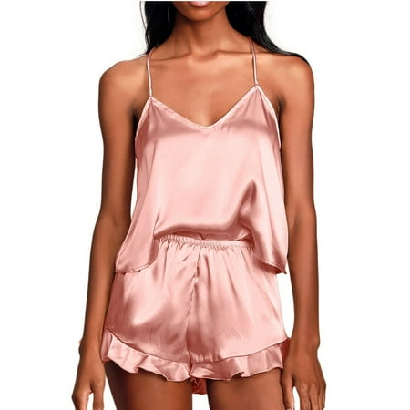 

QWANG Women s Fashion Sexy Suspender Solid Color Two Piece Satin Pajamas Sleepwears