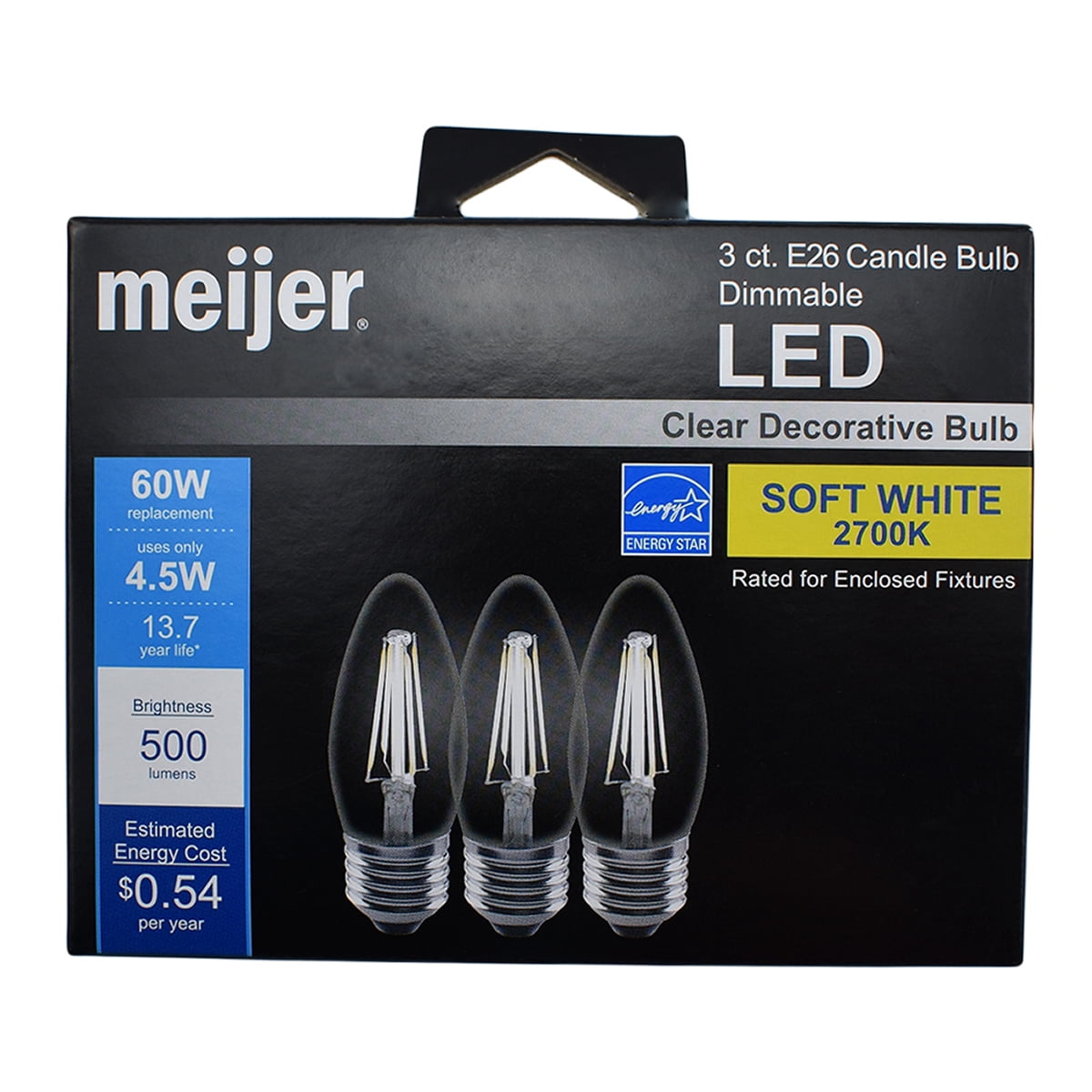 Meijer 60W E26 Glass Dimmable Soft White LED Candle Light Bulb, 3pk