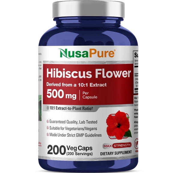 NusaPure Hibiscus Flower Capsules, 500 mg, 200 Veg Capsules (Non-GMO, Vegan)