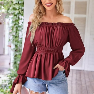 Peasant Blouses For Women Women's Off-Shoulder Renaissance Blouse - Gothic Pirate Shirt With Bell Sleeves & Smocked Waist Off Shoulder Pirate Shirt Gothic Boho Top