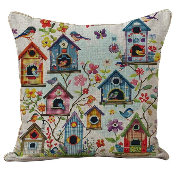 Colorful Birdhouses 11CT DIY Stamped Cross Stitch Pillow Kits Embroidery Pillowcase Counted Needlepoint Handmade Cushion Cover Home Sofa Christmas Decoration 18x18inch(1)